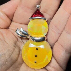 Snowman Brooch Opalescent Resin Rhinestone Christmas Pin Silver Tone 2.5”